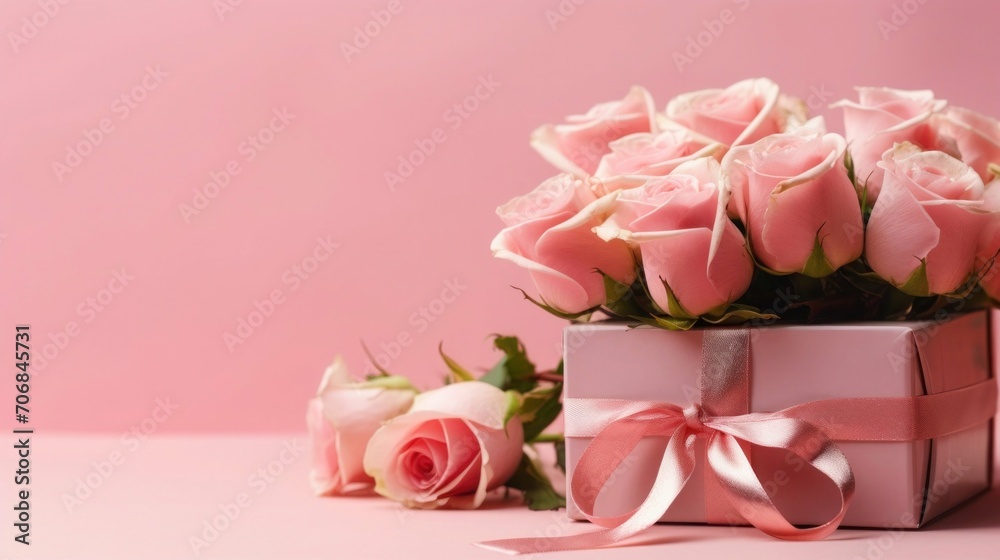 valentine s day gift box of roses on a pink background with ribbon