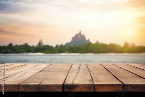 The empty wooden table top with blur background of Thailand beach. Exuberant image. generative AI