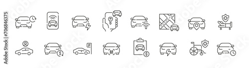 Car rental service icons set. Parking, medical assistance, qr code unlock and airport pick-up. Pixel perfect, editable stroke 