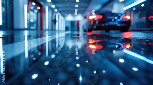 Modern architecture reflected on a sleek office building floor. © maniacvector