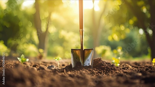Closeup of a shovel digging into the ground, signifying the hard work and dedication involved in planting and maintaining trees for environmental conservation.