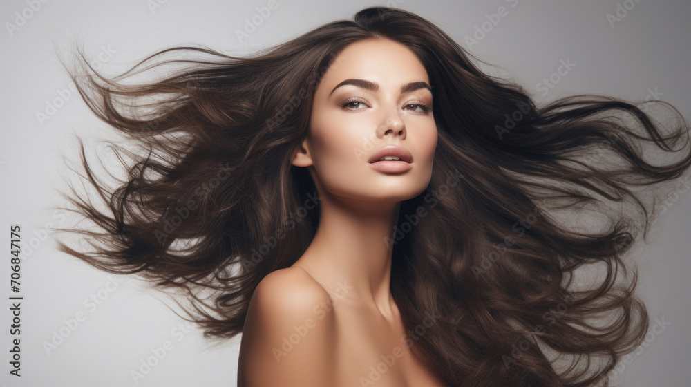 A stunning beauty portrait showcasing a woman with flowing brown hair and natural makeup highlighting her flawless skin. A stunning beauty portrait showcasing a woman with flowing brown hair and natural makeup highlighting her flawless skin.