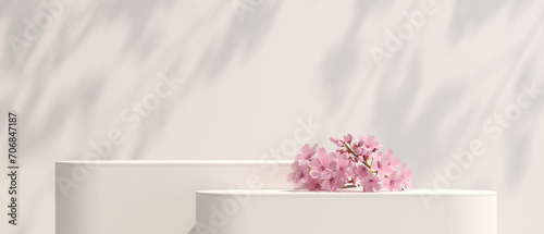 3D minimal background. 3D Podium nature light shadow and sakura white background for cosmetics, perfume, product presentation. 3D illustration