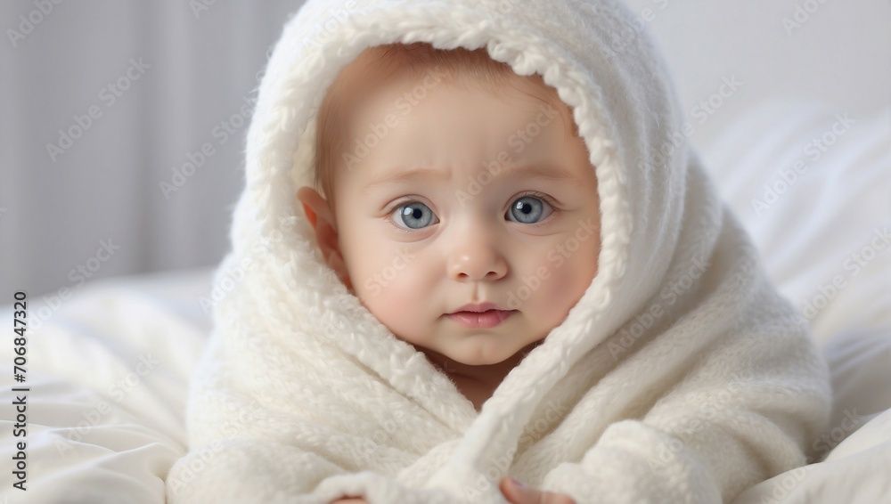 A cute picture of a little white Caucasian baby wrapped in a soft white blanket on a bed. The baby has big blue eyes and a tiny nose, making it an ideal image for advertisements A cute picture of a little white Caucasian baby wrapped in a soft white blanket on a bed. The baby has big blue eyes and a tiny nose, making it an ideal image for advertisements