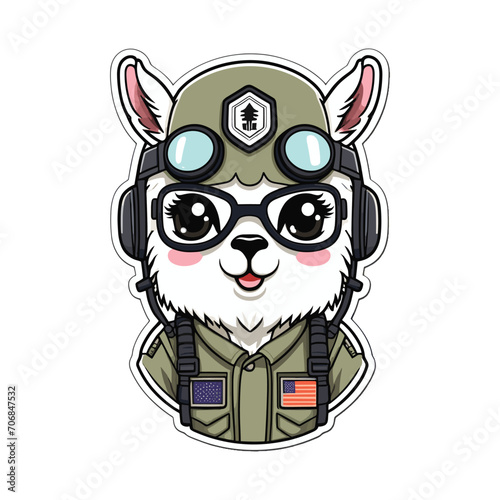 cute kawaii military llama in pilot helmet sticker style 2 vector illustration template design