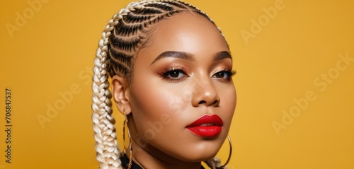  a close up of a woman with braids on her head and a red lipstick on her cheek, with a yellow background.