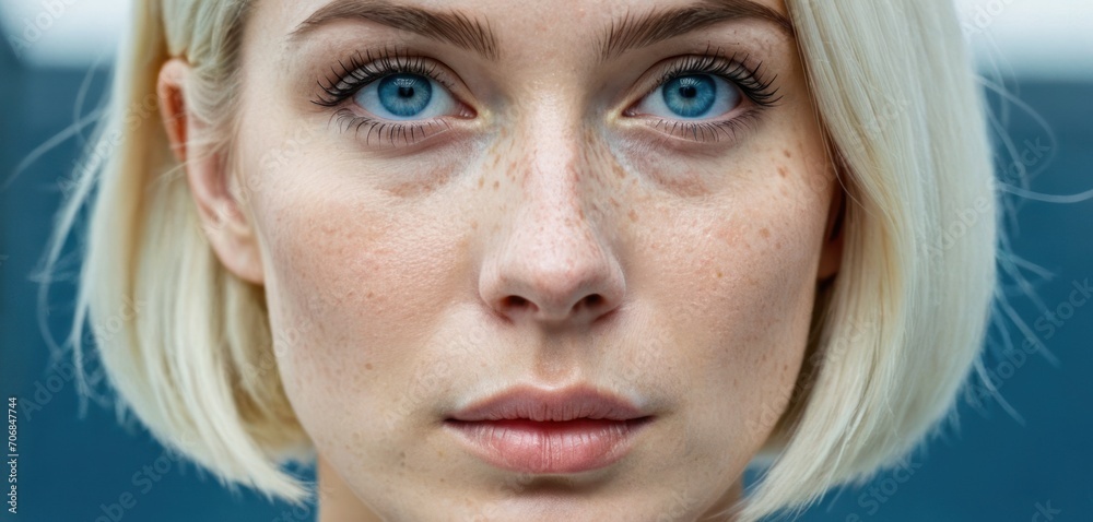 a close up of a woman's face with freckles and freckles on her face and blue eyes. a close up of a woman's face with freckles and freckles on her face and blue eyes.
