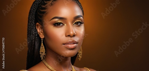  a woman with braids and gold makeup looks at the camera with a serious look on her face, wearing a gold necklace and earrings.