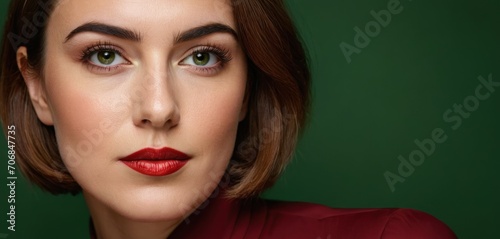  a close up of a woman s face with a red lipstick on her lips and a green wall in the background.