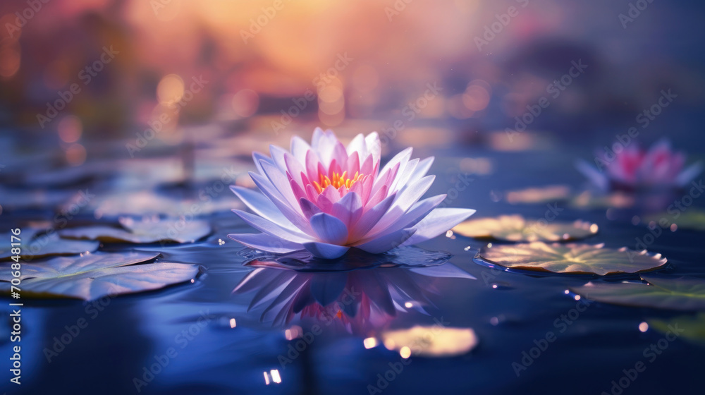 A single lotus flower blooms in serenity on calm waters, with soft sunset hues reflecting in the background.