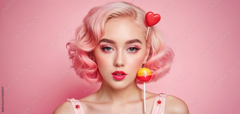  a woman with pink hair holding a lollipop with a heart shaped lollipop on top of it.