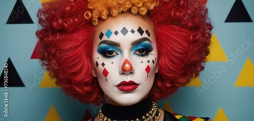  a woman with red hair and makeup is wearing a clown make - up on her face and has a clown make - up on her face.
