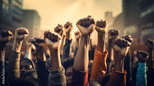 A diverse group of people raising their fists in unity.