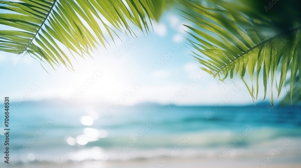 Palm leaves frame a serene tropical beach, with sunlight glittering on turquoise waters.