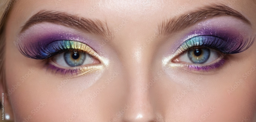  a close up of a woman's face with a purple and blue eyeliner and a pair of false eyelashes.