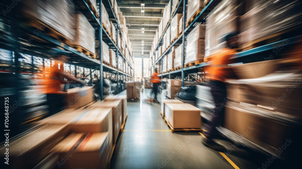 Motion blur captures the fast-paced environment of workers and machinery in a bustling warehouse setting.