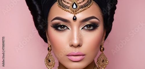  a close up of a woman's face wearing a gold and black head piece and a pair of earrings. photo