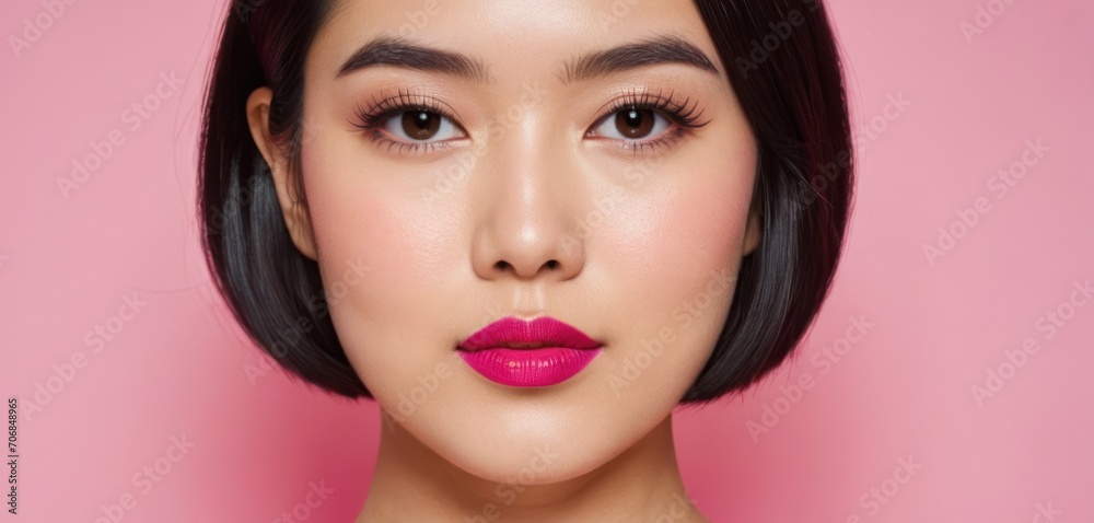  a close up of a woman's face with dark hair and bright pink lipstick on a pale pink background.