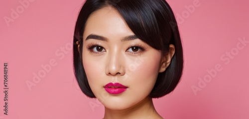  a close up of a woman with a short black hair and bright pink lipstick on a pink background with a pink background.