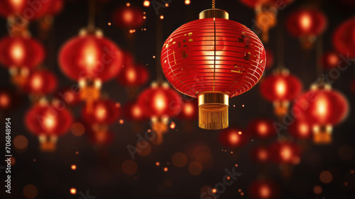 Numerous red Chinese lanterns hanging  glowing warmly amidst a dark  festive backdrop.