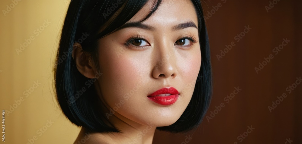  a close up of a woman with a short black hair and a red lipstick on her lips and a yellow wall in the background.