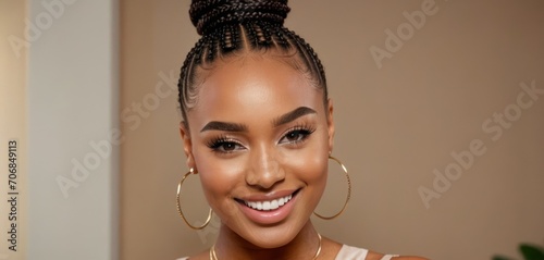  a close up of a person wearing large gold hoop earrings and a top knot hairstyle with a smile on her face.