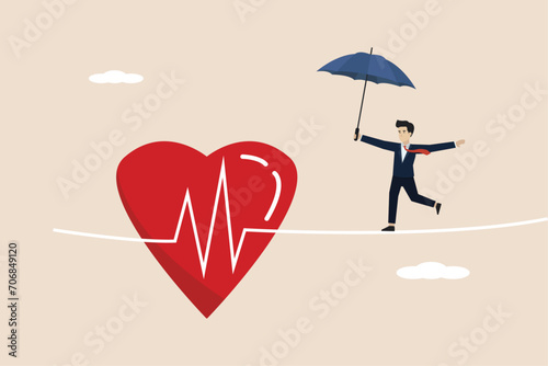 Health insurance, medical risk or healthcare protection, strong man with umbrella protection walk on risky heart pulse rate as rope walking.