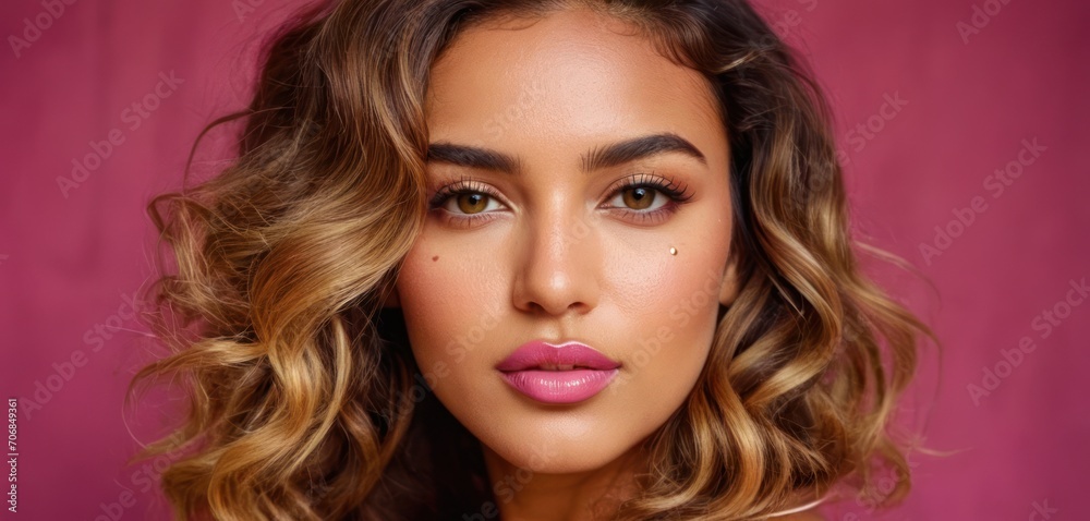  a close up of a woman's face with long wavy hair and pink eyeshadow on a pink background.