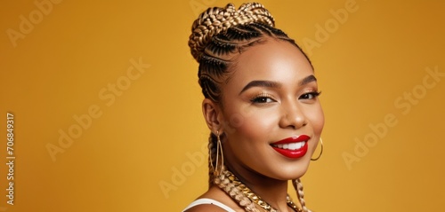  a woman with braids on her head and a red lipstick in front of a yellow background, wearing a white tank top and gold hoop earrings.