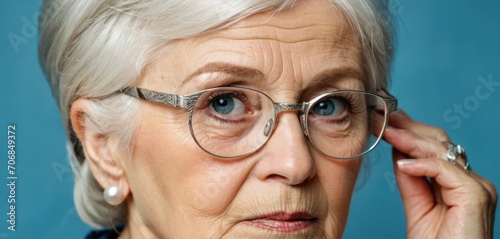  a close up of a person wearing a pair of glasses and holding a pair of eyeglasses to their face.