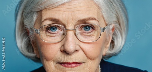  a close up of a person wearing glasses and looking at the camera with a serious look on their face, with a blue background.