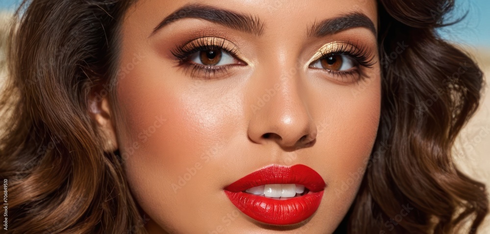 a close up of a woman with a red lip and gold eyeshadow and red lipstick on her lips. a close up of a woman with a red lip and gold eyeshadow and red lipstick on her lips.