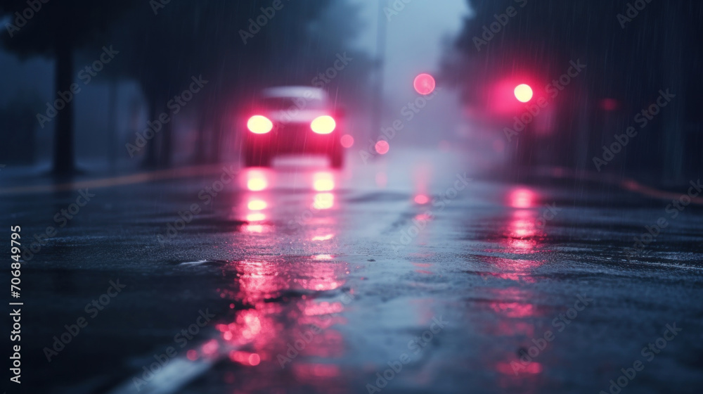 The red tail lights of cars reflect on the wet surface of an urban road during a nighttime rain.