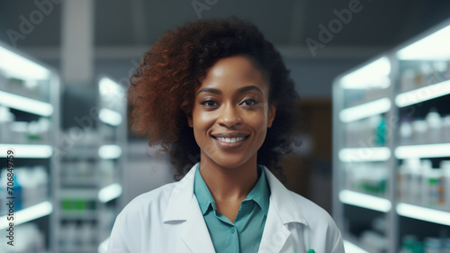 african female pharmacist standing by shelf at the pharmacy store.