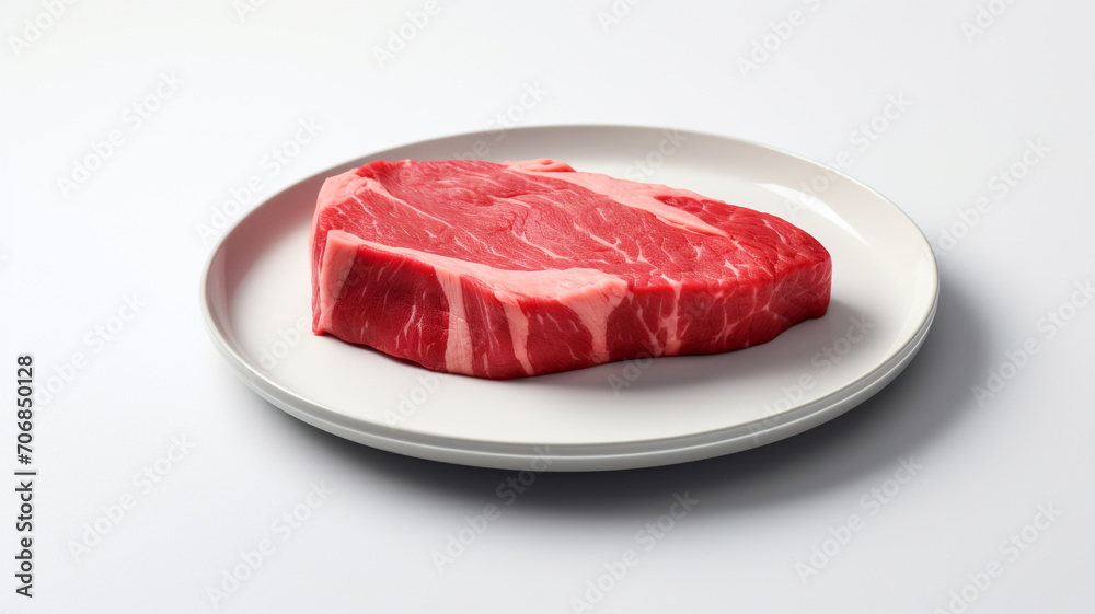 Raw red beef meat on a flat ceramic plate. Raw red beef meat on a flat ceramic plate.