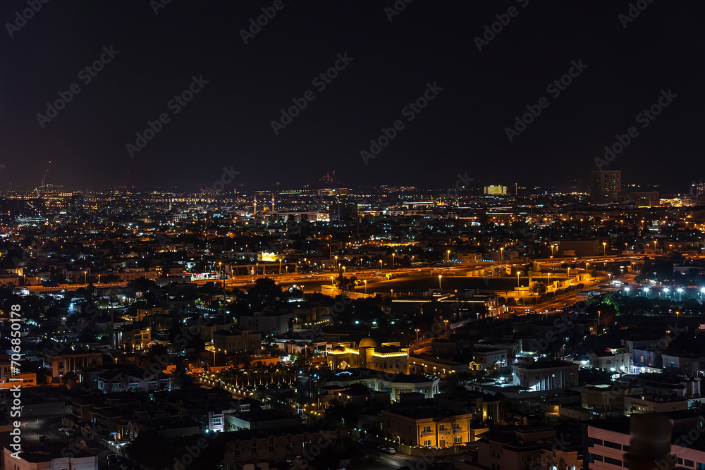 Panoramic beautiful view of the center of Dubai from a height. Dubai, United Arab Emirates at night