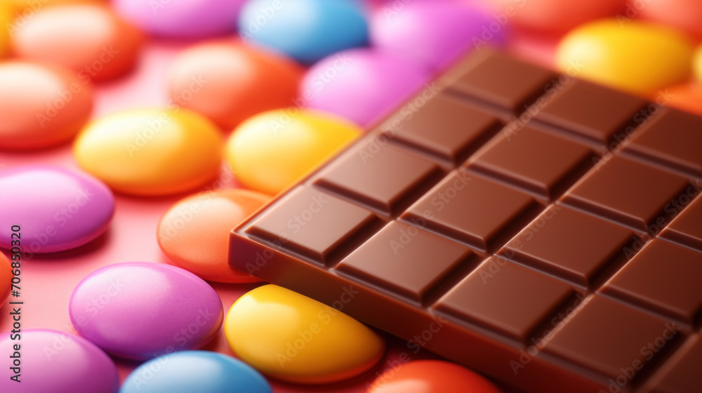 A delicious chocolate bar surrounded by multicolored candy-coated chocolates on a vibrant background. A delicious chocolate bar surrounded by multicolored candy-coated chocolates on a vibrant background.
