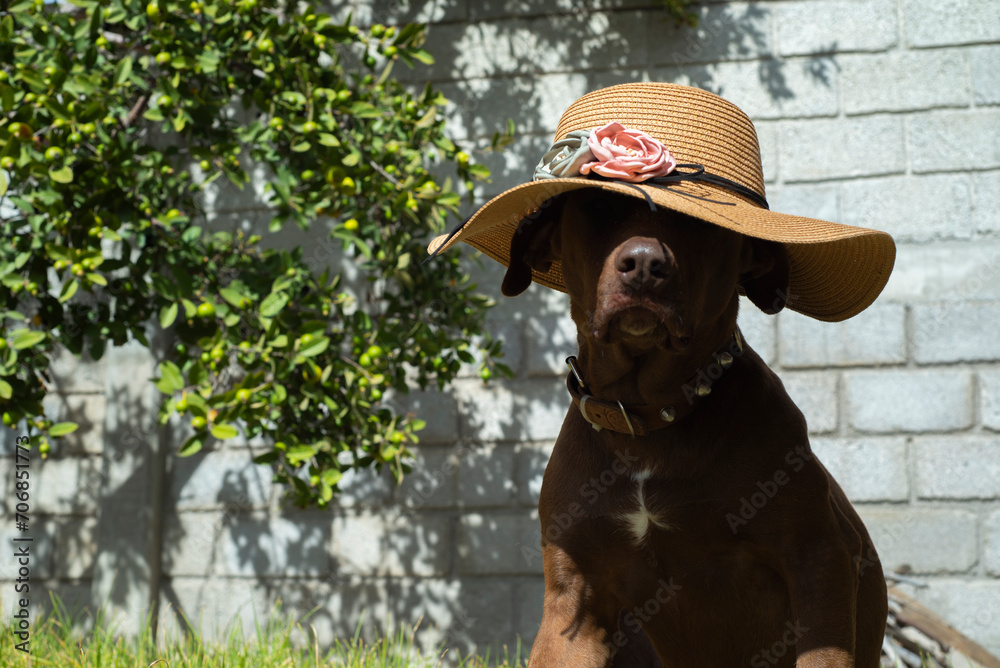 Mascotas. Perro cafe sentado en cesped, con un sombrero de mujer en un dia soleado. Horizontal.