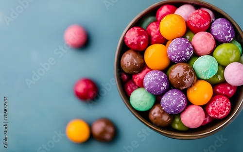 different colored round candy in bowl and jars. Top view of large variety sweets and candies with copy space. ai generative