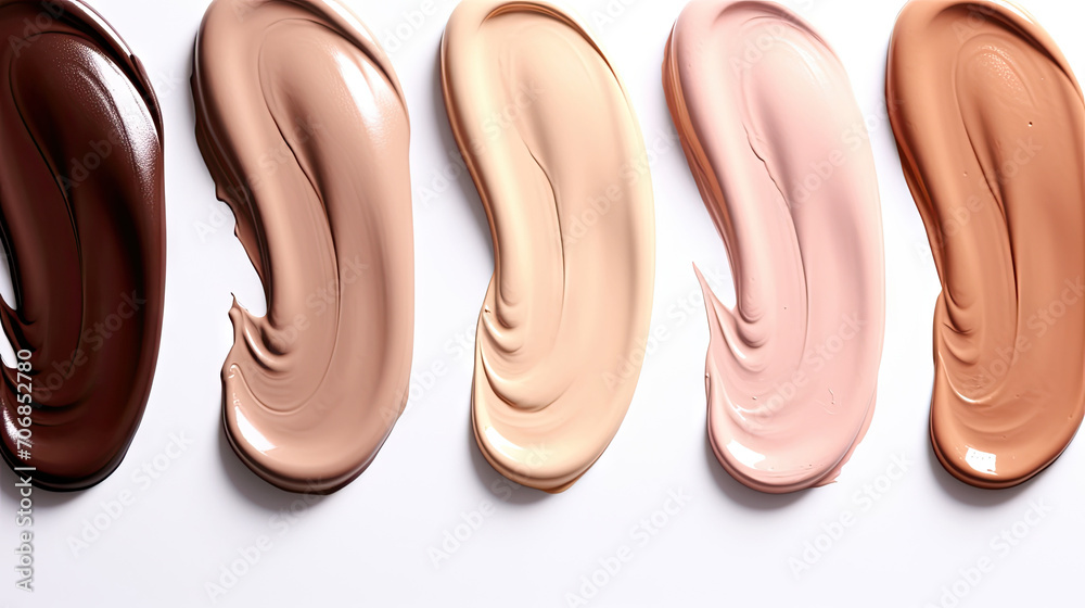 Collection different tones bb cream swatch sample isolated on white background. Texture of makeup foundation. Cosmetic liquid foundation, concealer or moisturizer. - obrazy, fototapety, plakaty 