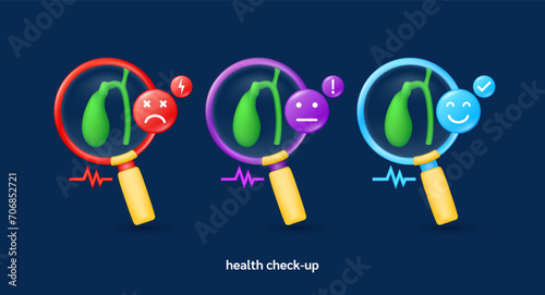 Gallbladder in magnifying glass looking diagnose with icon sadly face worried and smiling. Pulse, thunder, exclamation, check mark. Medical health care check up. 3d organ anatomy cartoon vector.