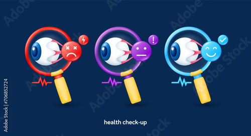Eyeball in magnifying glass looking diagnose with icon sadly face worried and smiling. Pulse, thunder, exclamation, check mark. Medical health care check up. 3d organ anatomy cartoon vector.