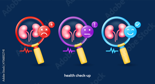 Kidney in magnifying glass looking diagnose with icon sadly face worried and smiling. Pulse, thunder, exclamation, check mark. Medical health care check up. 3d organ anatomy cartoon vector.