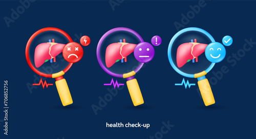 Liver in magnifying glass looking diagnose with icon sadly face worried and smiling. Pulse, thunder, exclamation, check mark. Medical health care check up. 3d organ anatomy cartoon vector.