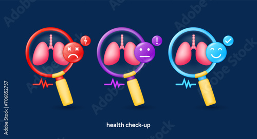 Lung in magnifying glass looking diagnose with icon sadly face worried and smiling. Pulse, thunder, exclamation, check mark. Medical health care check up. 3d organ anatomy cartoon vector.