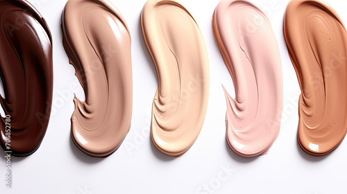 Collection different tones bb cream swatch sample isolated on white background. Texture of makeup foundation. Cosmetic liquid foundation, concealer or moisturizer. photo