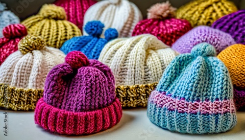 Colorful Knitted Beanies Close-up Shot