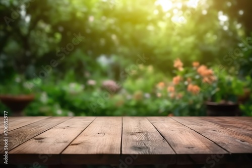 The empty wooden table top with blur background of garden. Exuberant image. generative ai