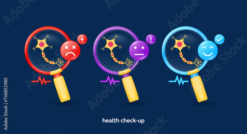 Nerve cell in magnifying glass looking diagnose with icon sadly face worried and smiling. Pulse, thunder, exclamation, check mark. Medical health care check up. 3d organ anatomy cartoon vector.