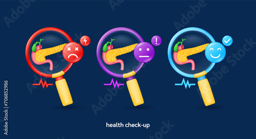 Pancreas in magnifying glass looking diagnose with icon sadly face worried and smiling. Pulse, thunder, exclamation, check mark. Medical health care check up. 3d organ anatomy cartoon vector.